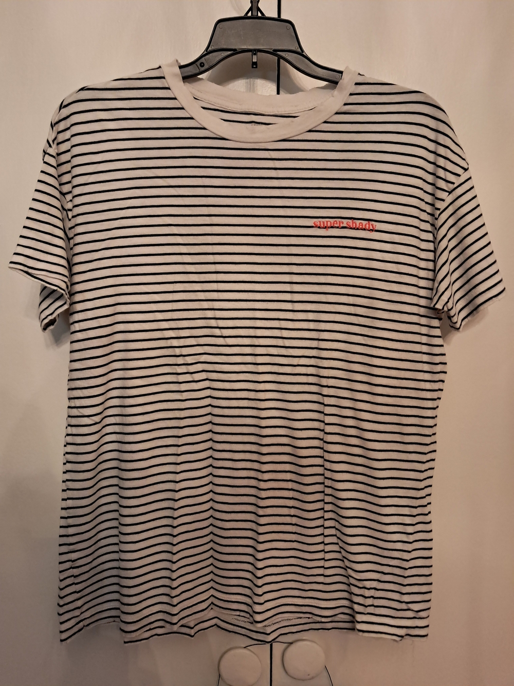 Aerie Striped White & Black Crewneck Tee with Subtle Red Logo